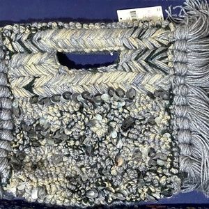 Anthropologie NWT grey boho sequin yarn looped tassel clutch handbag